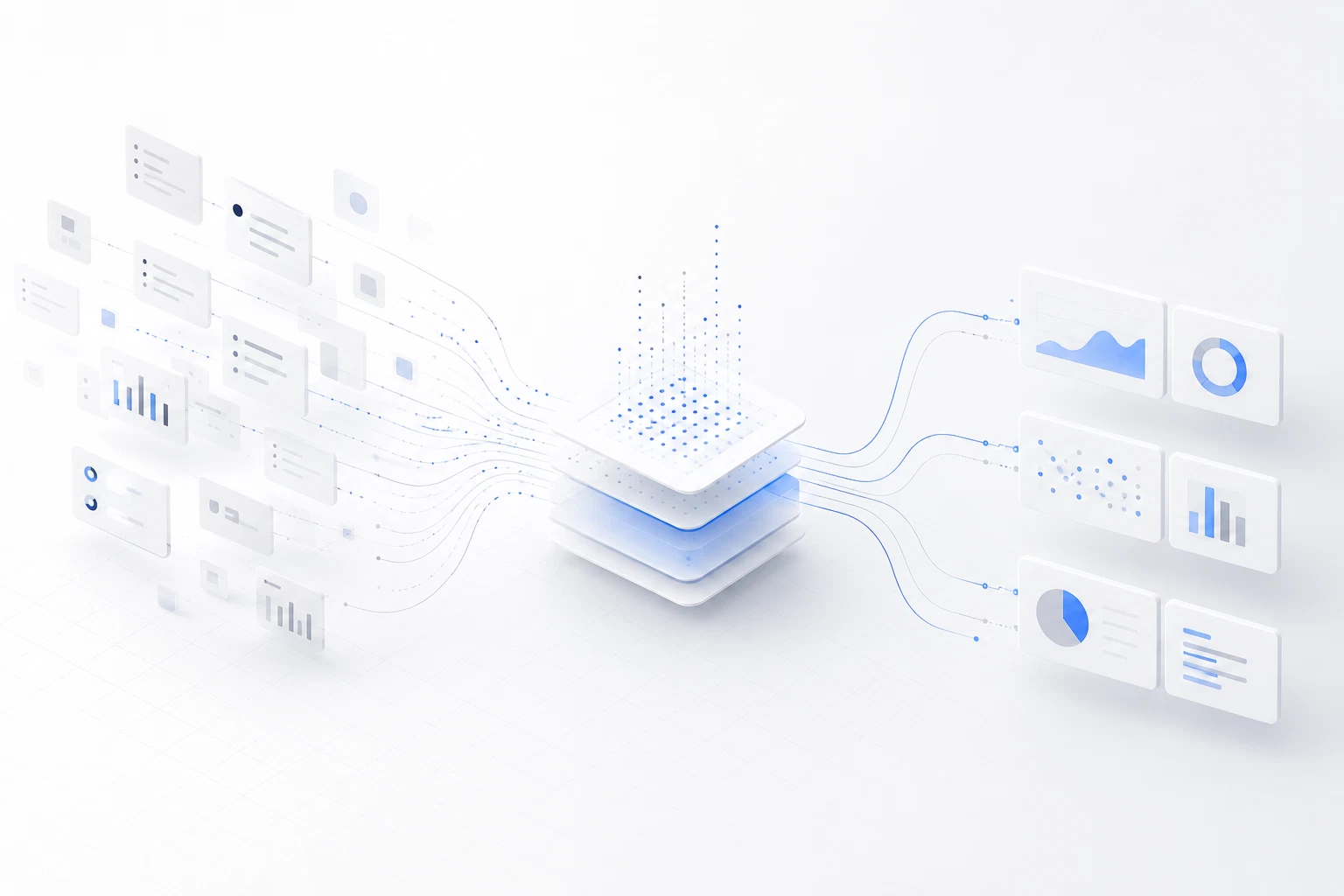 Abstract AI software workflow with information cards flowing into an intelligent decision layer